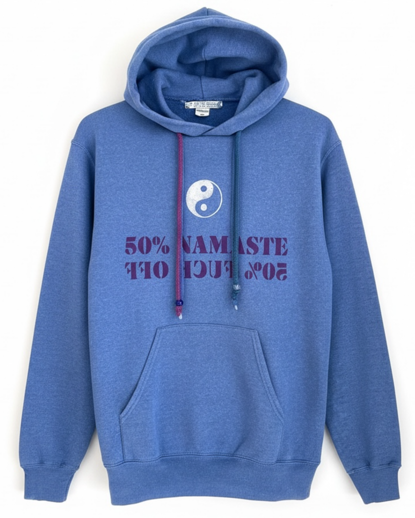 Hoodie vintage Fruit of the Loom Bleu upcyclé avec pochoir "NAMASTE" "FUCK OFF" Piece unique