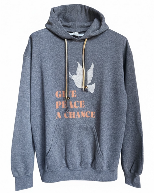 hoodie vintage gris Fruit of the loom upcyclé par un pochoir "give peace a chance" piece unique 