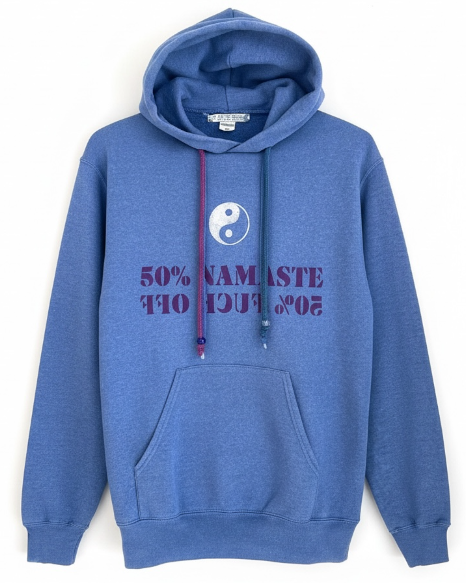 Hoodie vintage Fruit of the Loom Bleu upcyclé avec pochoir "NAMASTE" "FUCK OFF" Piece unique