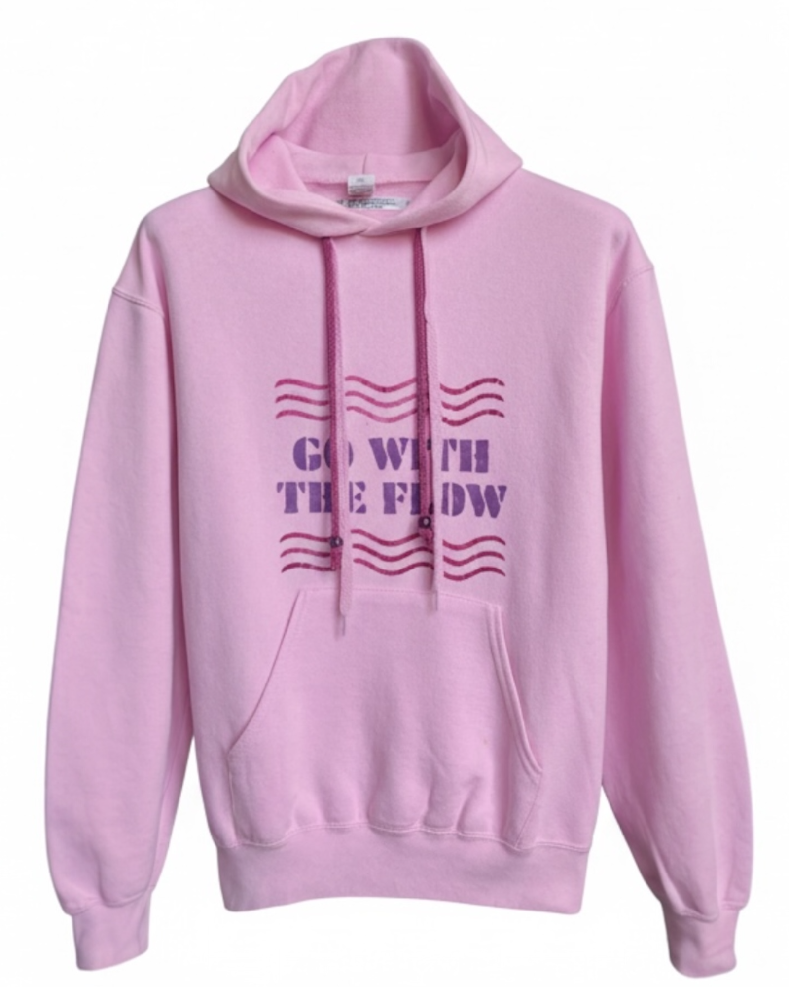 hoodie vntage Fruit of the loom rose upcyclé avec slogan "go with the flow". Piece unique