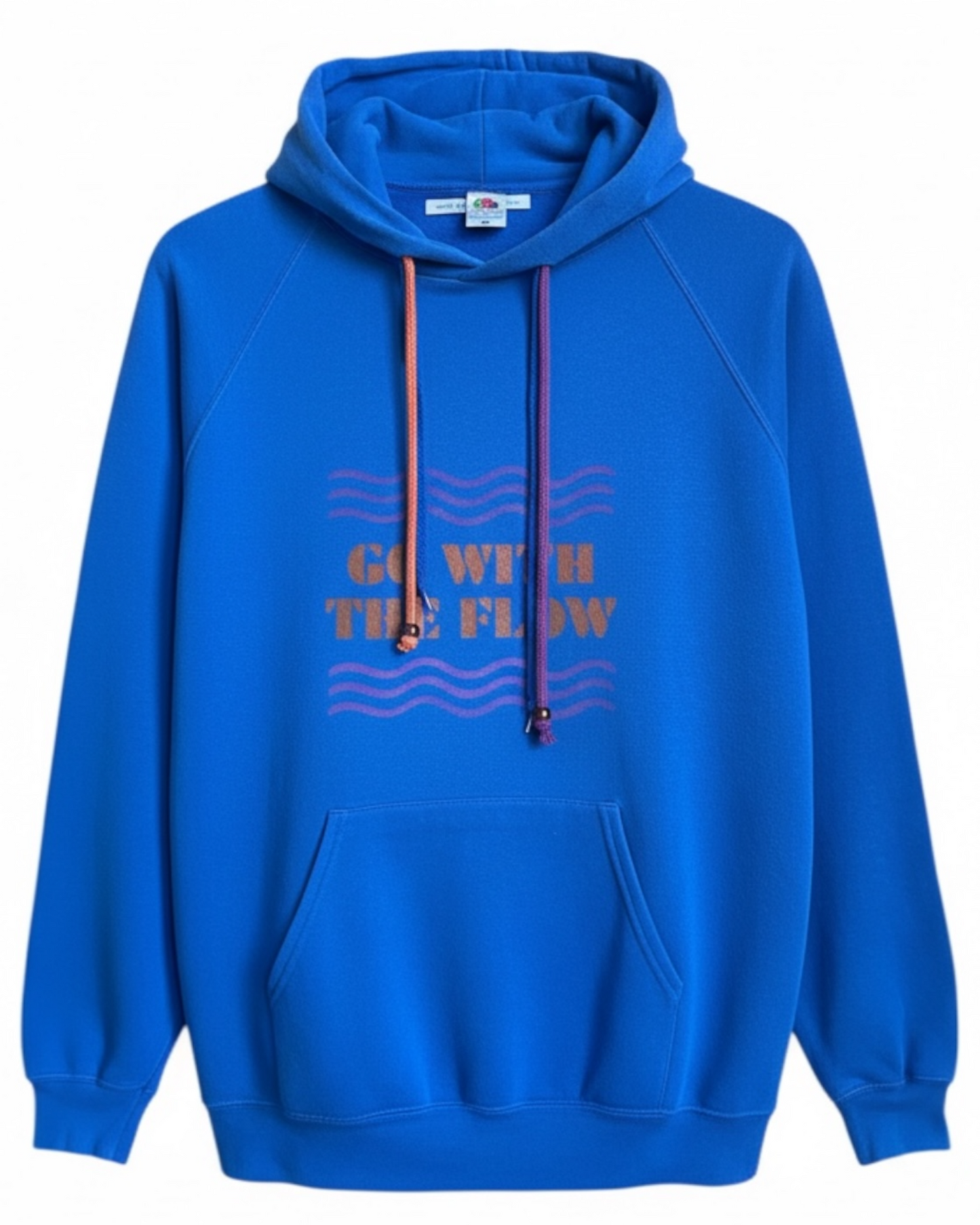 Hoodie Vintage Fruit of the Loom bleu upcylé avec un pochoir "Go with the flow" , pièce unique